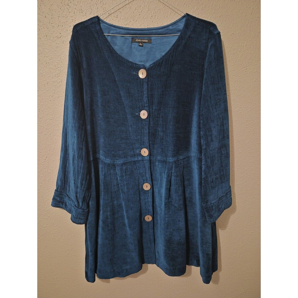 John Mark L Button Up Shirt Jacket Teal Lagen Look Velvet Business Office Boho